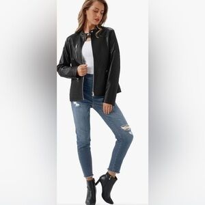 URBEST  Faux Leather Jacket Black Motorcycle Moto Biker Short Coat with pockets